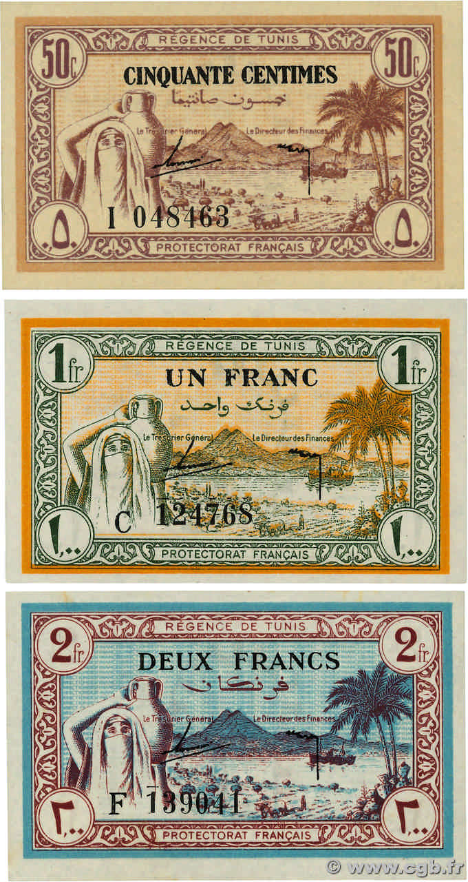 50 Centimes, 1 et 2 Francs Lot TUNISIA  1943 P.54 au P.56 AU+