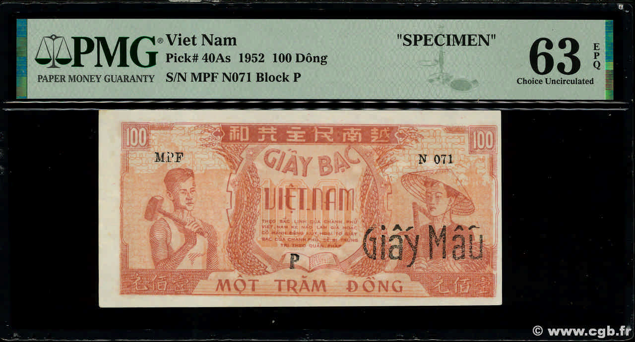 100 Dong Spécimen VIETNAM  1952 P.040As fST+