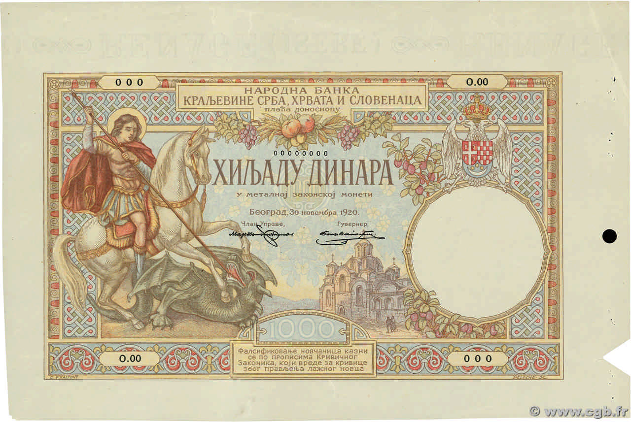 1000 Dinara Épreuve YOUGOSLAVIE  1920 P.023p SUP