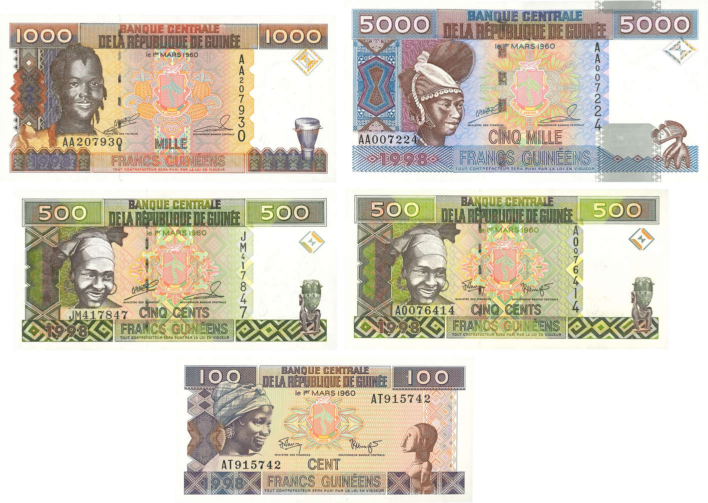 100 à 5000 Francs Lot GUINEA  1998 P.35 à 38 UNC