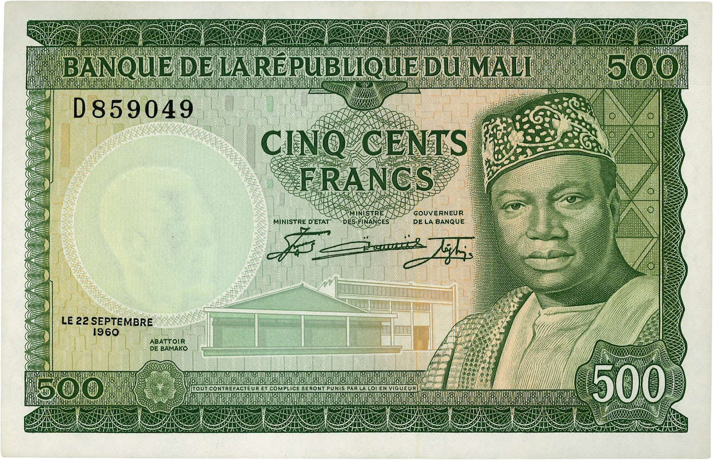 500 Francs MALI  1960 P.08 AU+