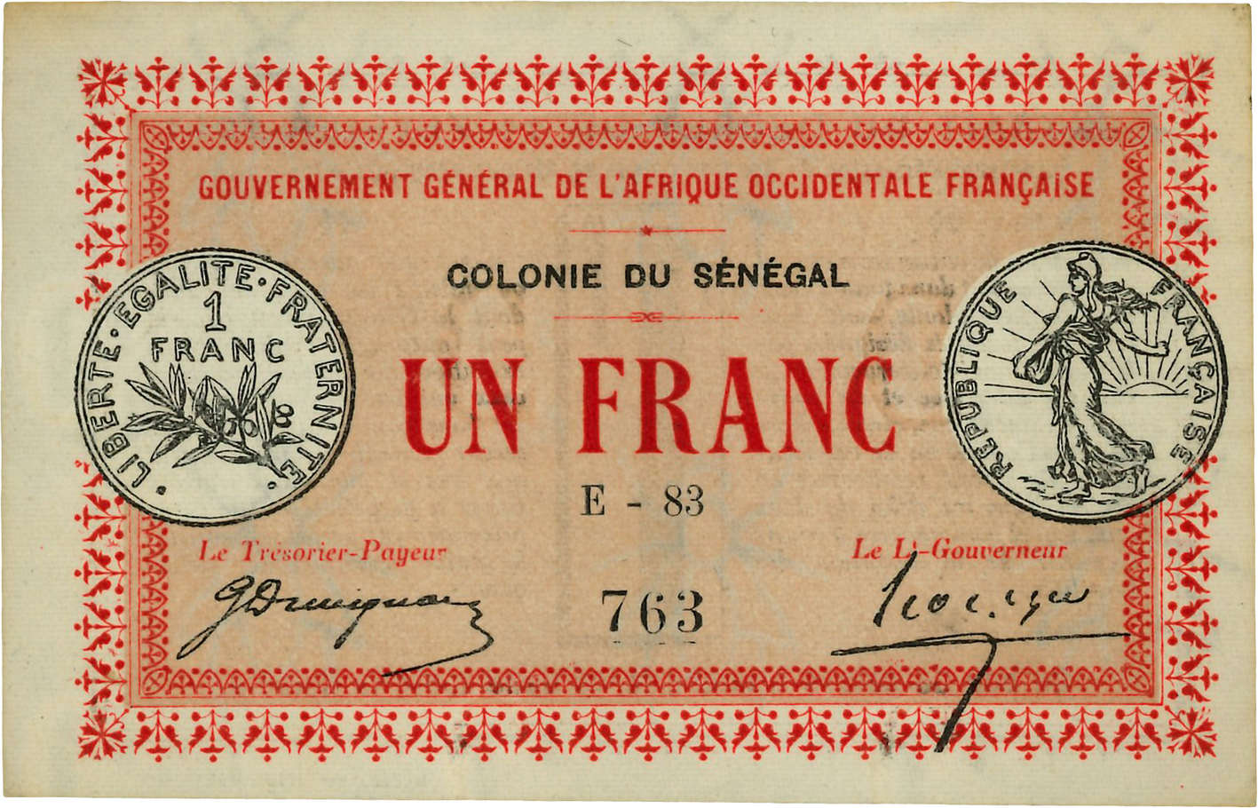1 Franc SENEGAL  1917 P.02b fST+