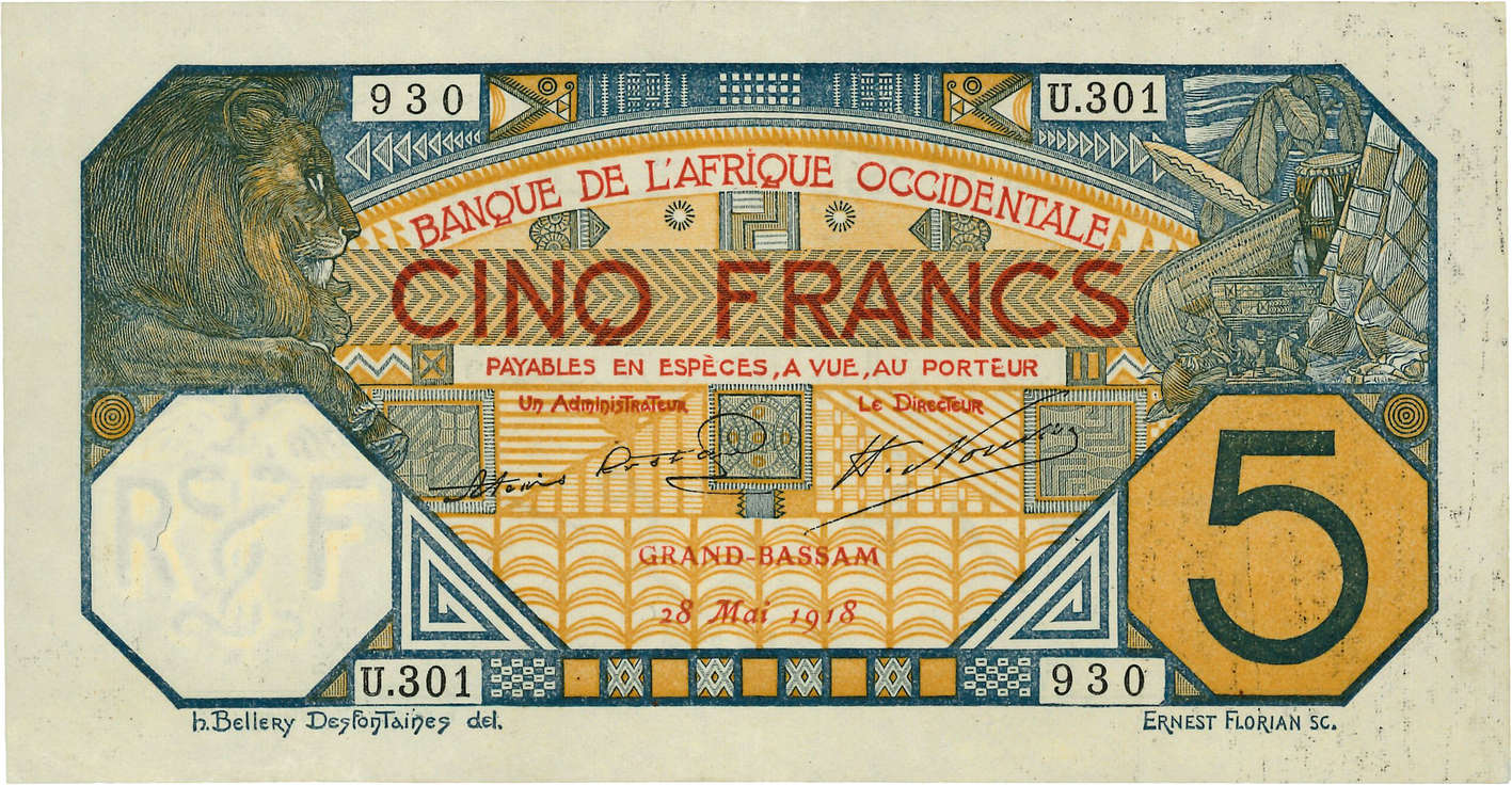 5 Francs GRAND-BASSAM FRENCH WEST AFRICA Grand-Bassam 1918 P.05Db EBC