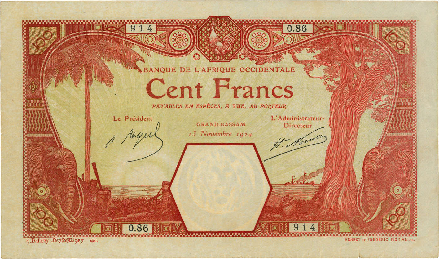 100 Francs GRAND-BASSAM FRENCH WEST AFRICA Grand-Bassam 1924 P.11Dd SS to VZ