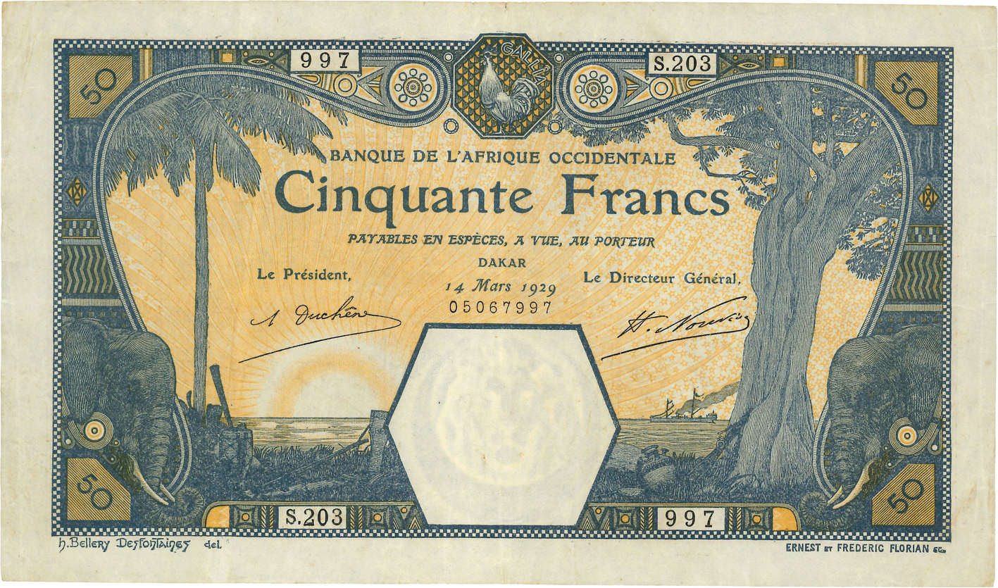 50 Francs DAKAR FRENCH WEST AFRICA Dakar 1929 P.13d MBC