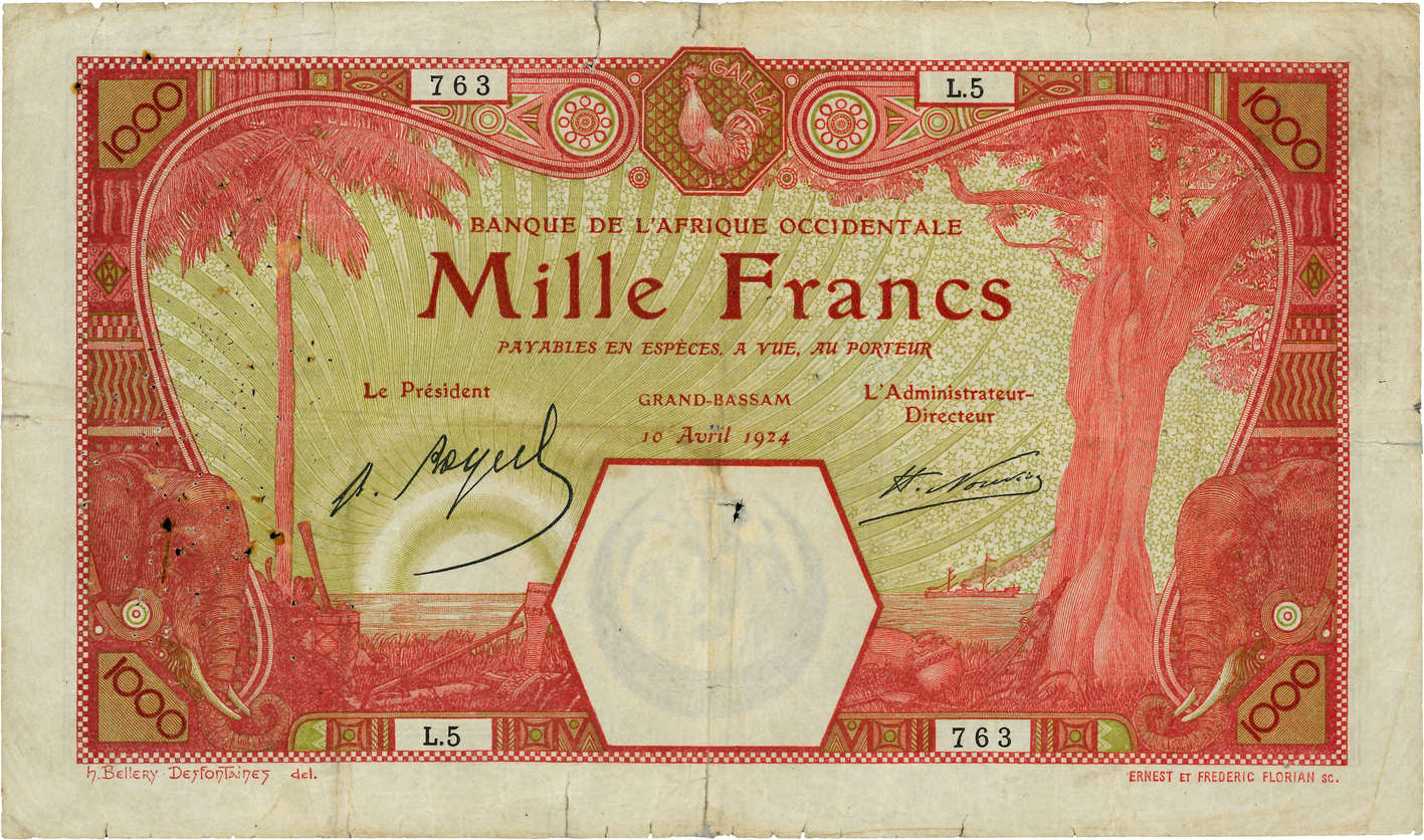 1000 Francs GRAND-BASSAM FRENCH WEST AFRICA Grand-Bassam 1924 P.14D RC+