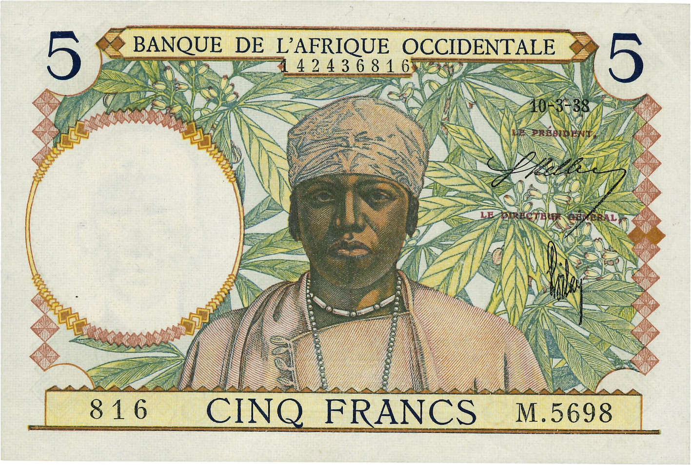5 Francs FRENCH WEST AFRICA  1938 P.21 EBC+