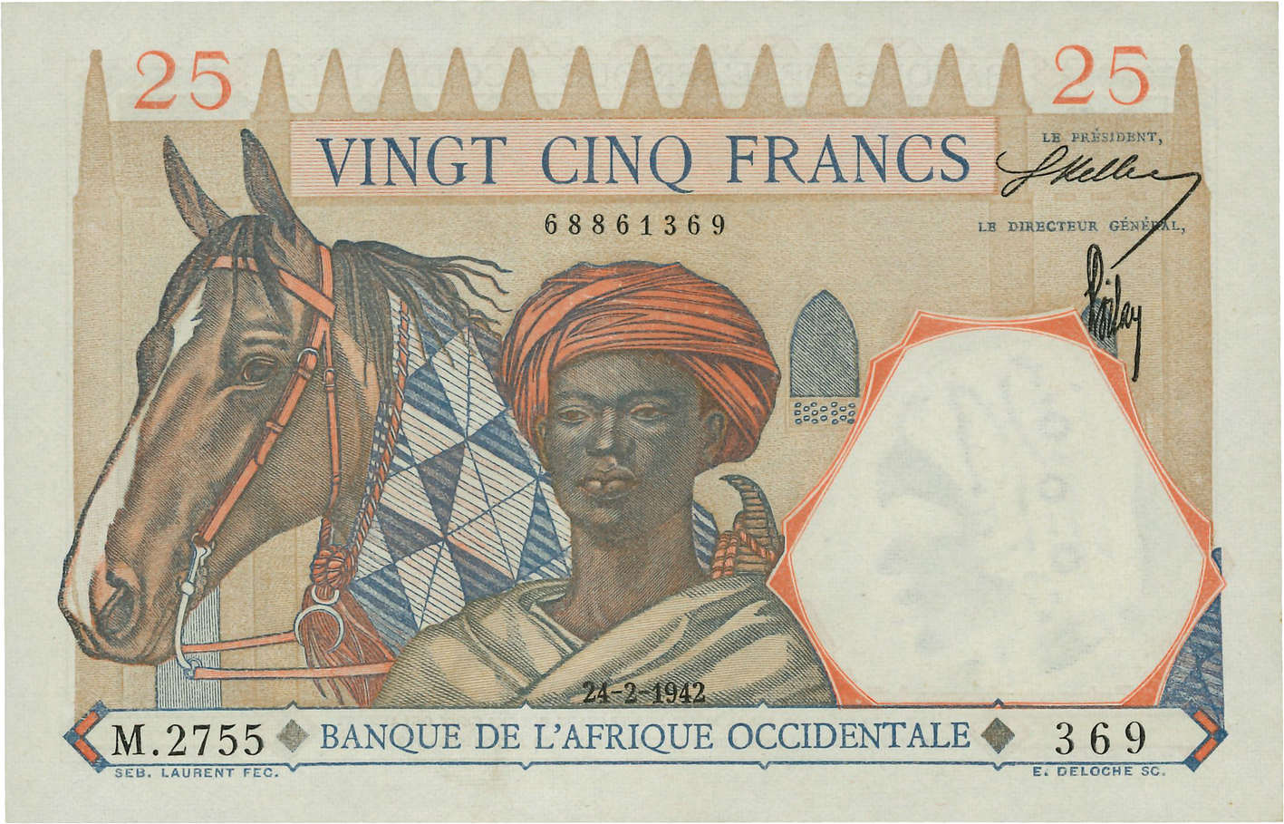 25 Francs FRENCH WEST AFRICA  1942 P.27 AU+