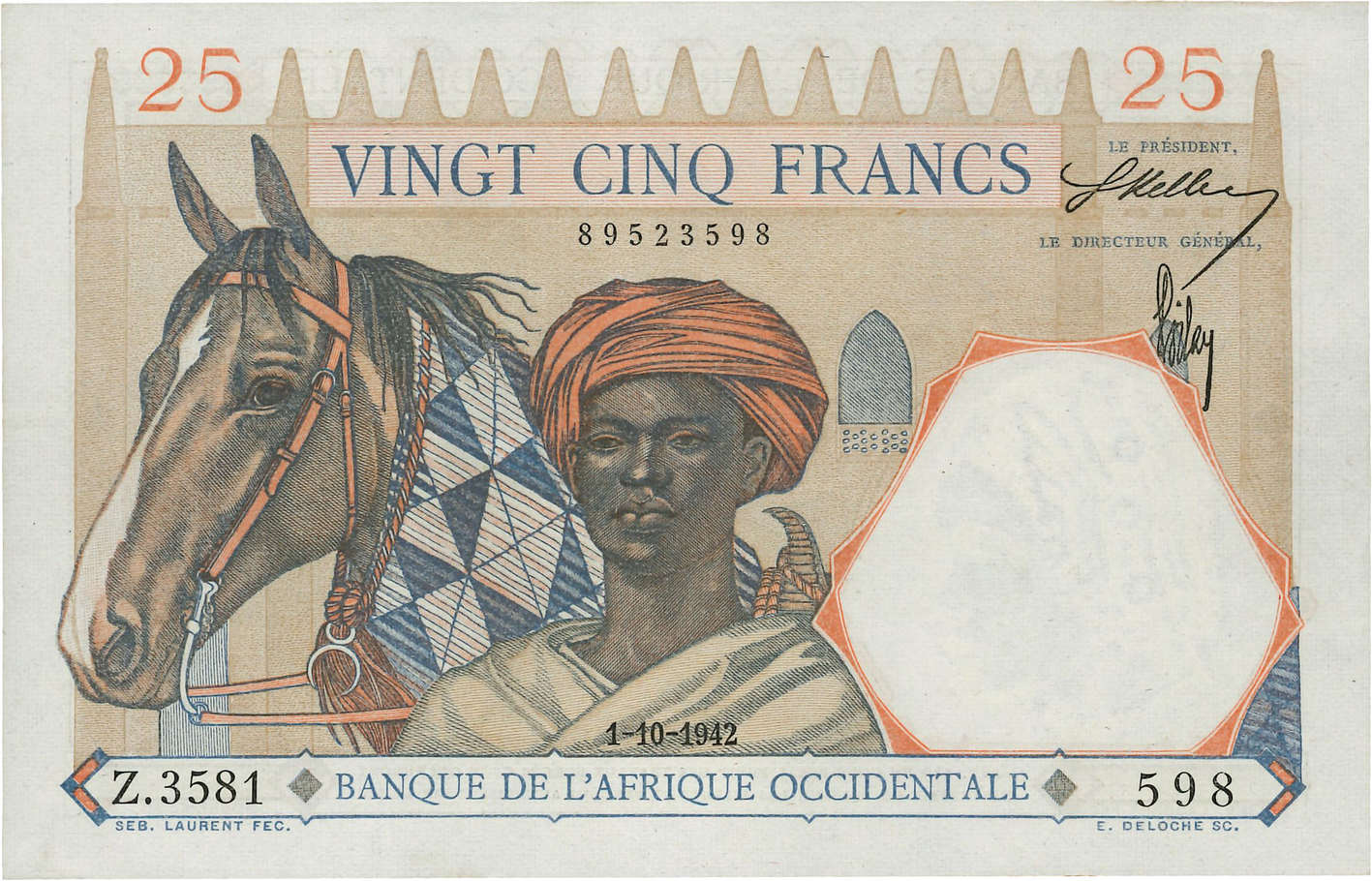 25 Francs FRENCH WEST AFRICA  1942 P.27 VZ+