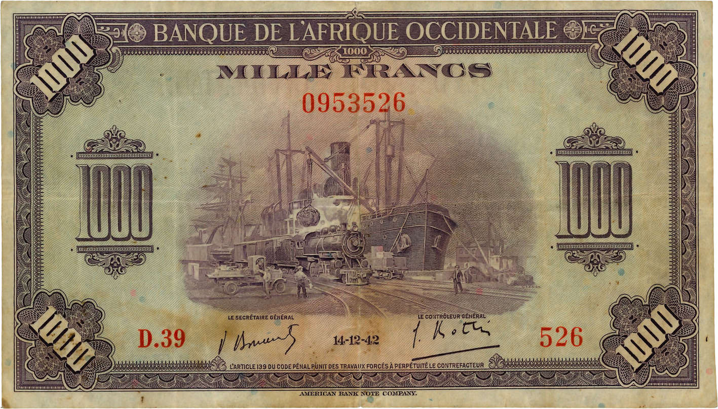 1000 Francs FRENCH WEST AFRICA  1942 P.32a q.BB
