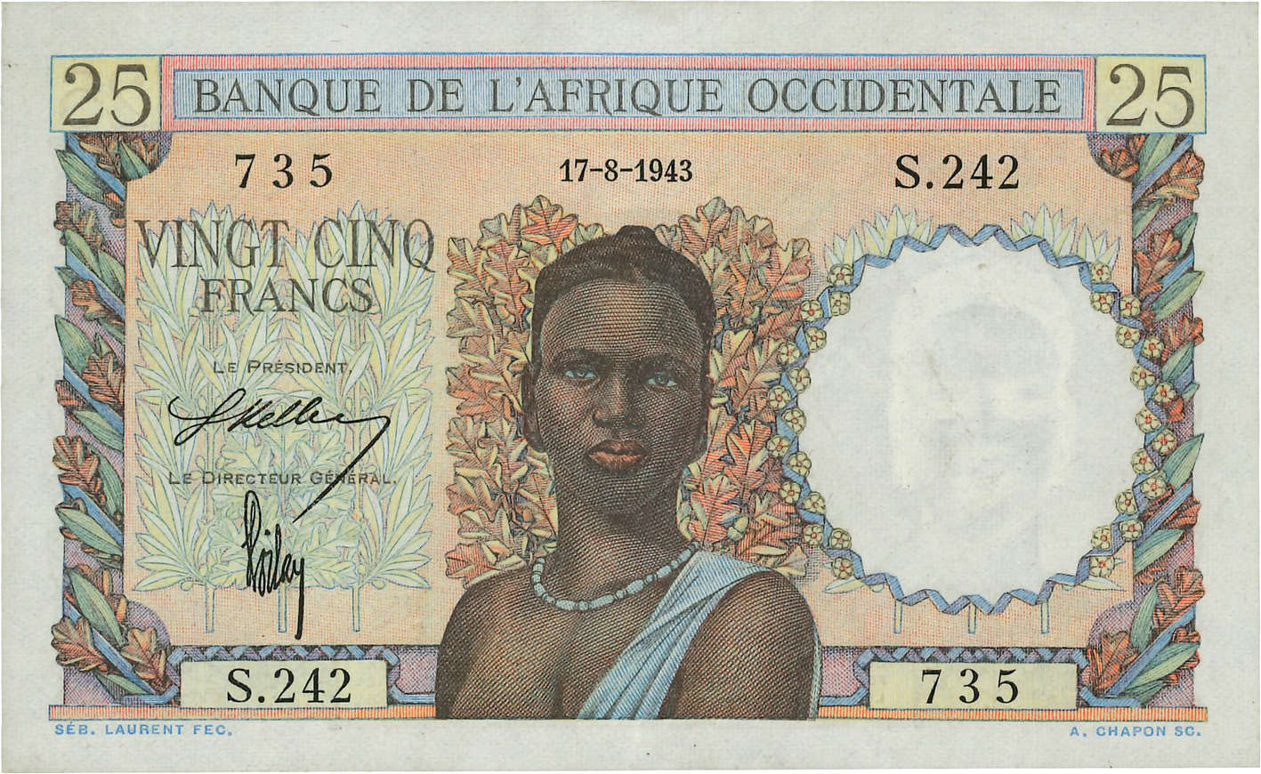 25 Francs FRENCH WEST AFRICA  1943 P.38 XF+