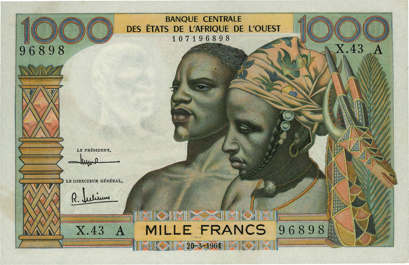 1000 Francs ÉTATS DE L AFRIQUE DE L OUEST  1961 P.103Ab SPL+