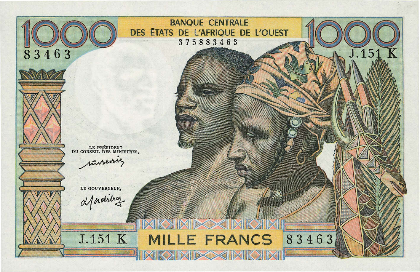 1000 Francs WEST AFRIKANISCHE STAATEN  1977 P.703Km fST+