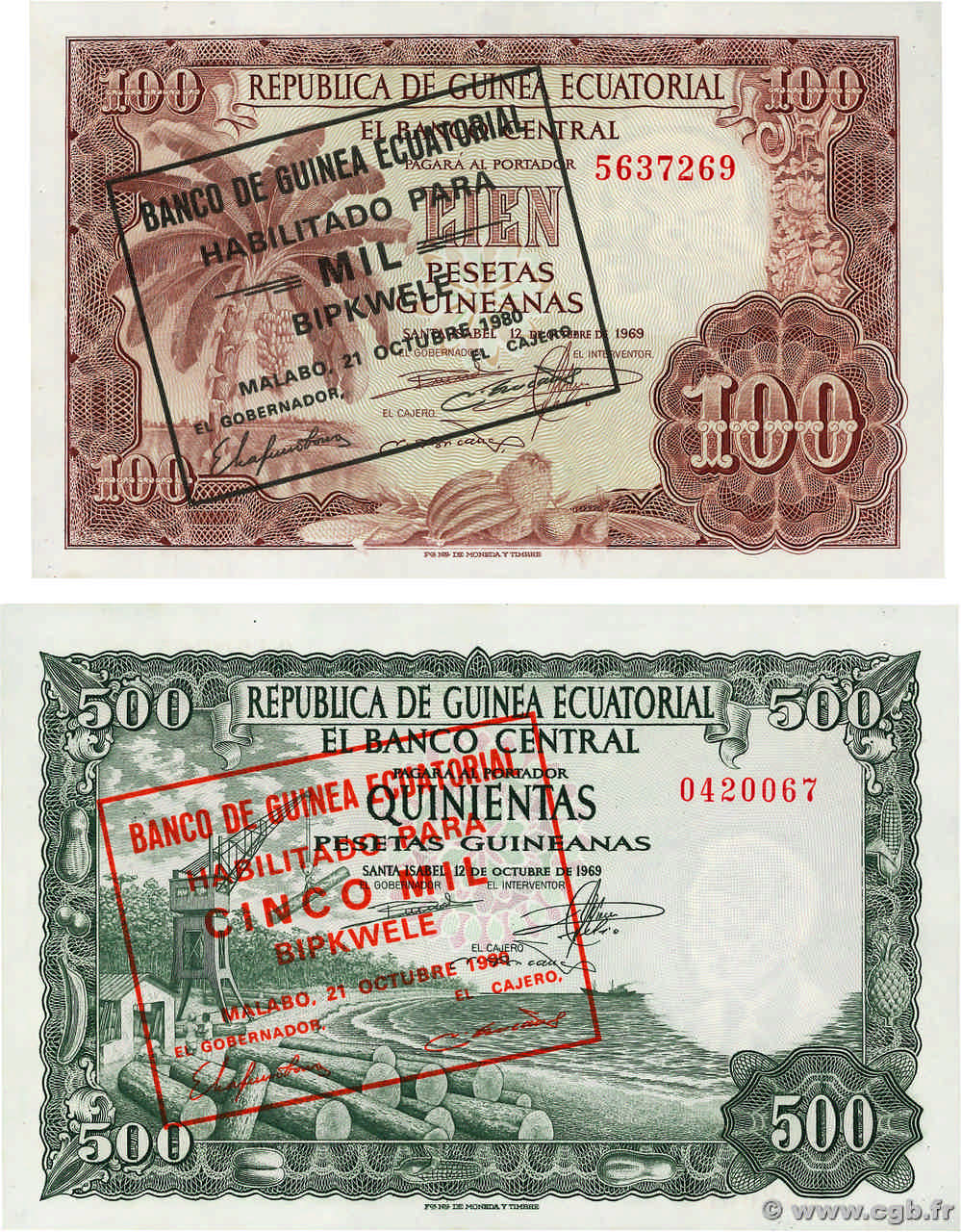 100 et 500 Bipkwele Lot GUINÉE ÉQUATORIALE  1980 P.18 et 19 NEUF