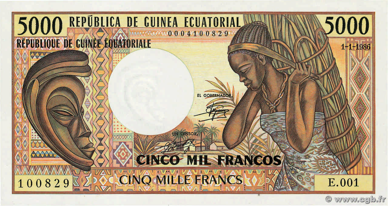 5000 Francs EQUATORIAL GUINEA  1986 P.22b UNC-