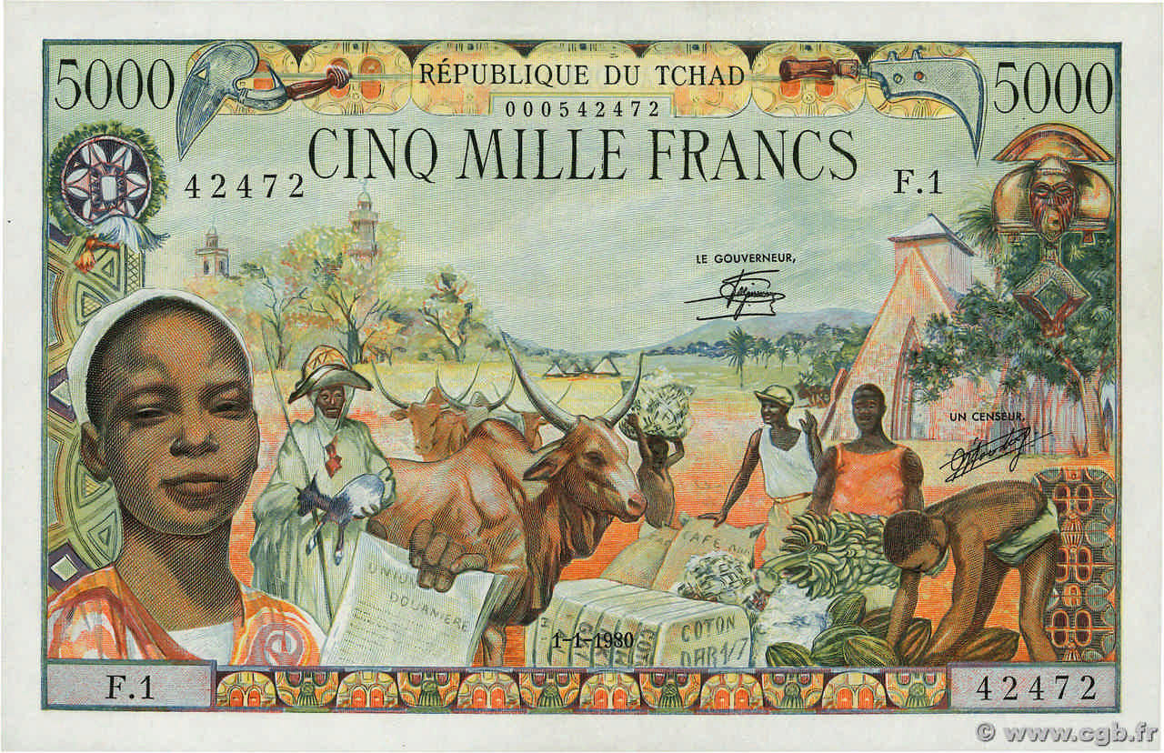 5000 Francs CIAD  1980 P.08 AU+