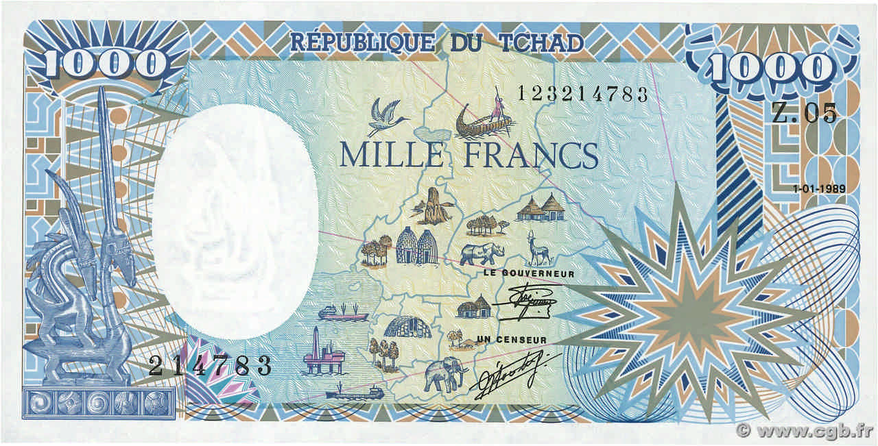 1000 Francs TSCHAD  1989 P.10Aa fST+