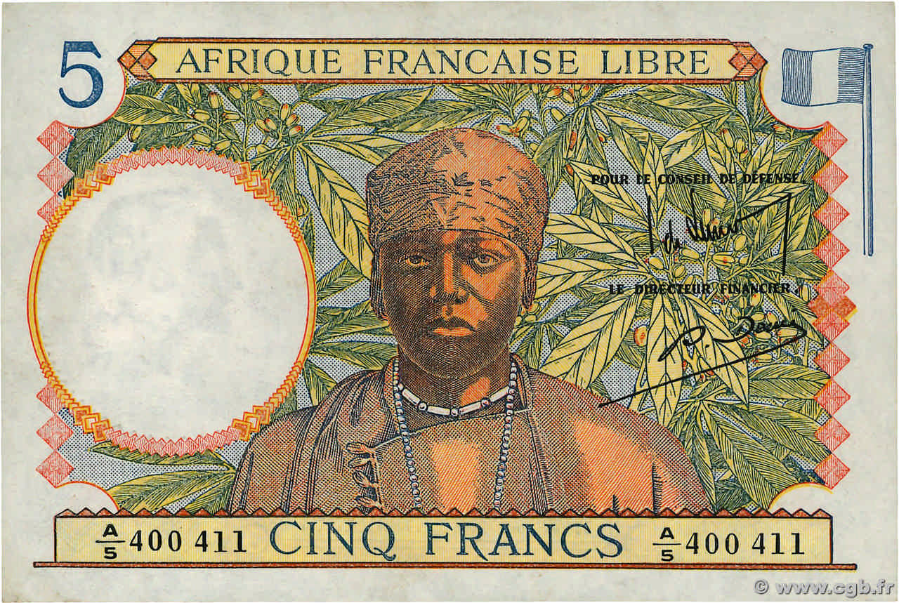 5 Francs FRENCH EQUATORIAL AFRICA Brazzaville 1941 P.06a AU+