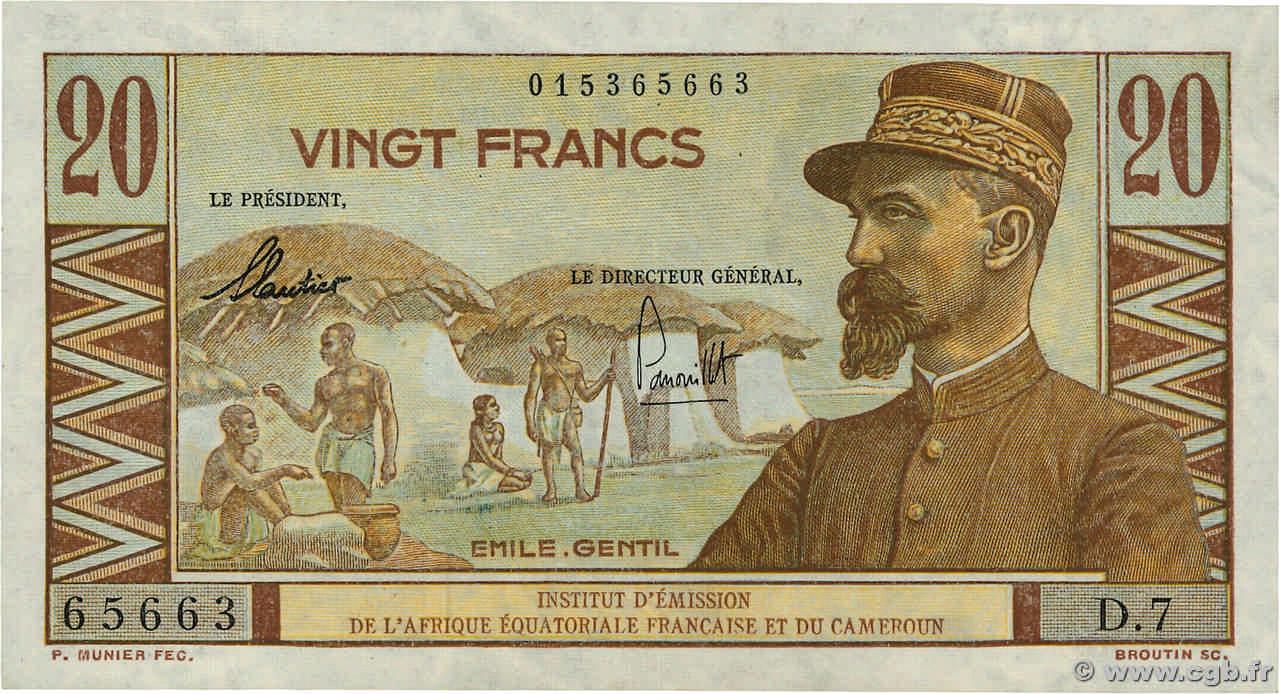 20 Francs Émile Gentil AFRIQUE ÉQUATORIALE FRANÇAISE  1957 P.30 EBC