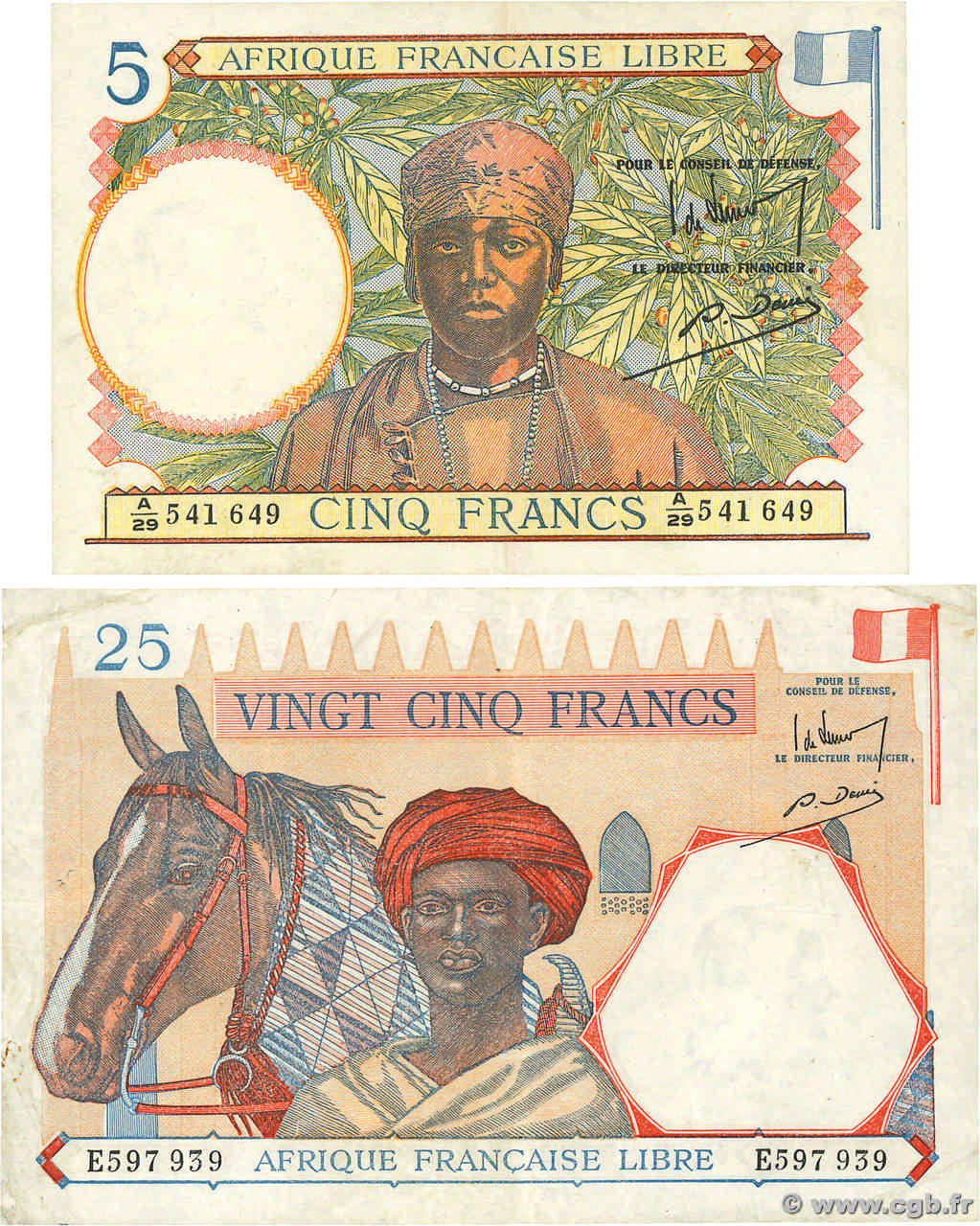 5 Francs et 25 Francs Lot AFRIQUE ÉQUATORIALE FRANÇAISE Brazzaville 1941 P.06a et 07 TTB+