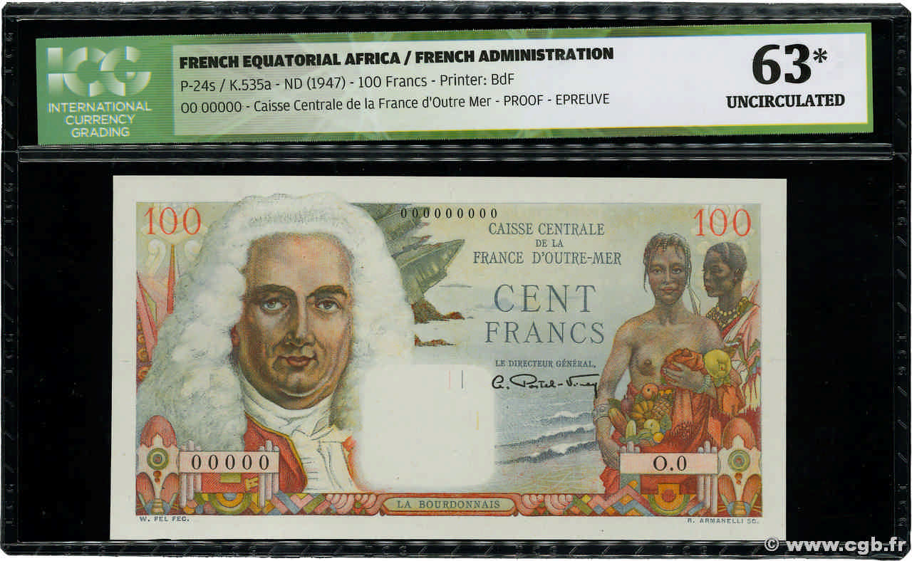 100 Francs La Bourdonnais Épreuve AFRIQUE ÉQUATORIALE FRANÇAISE  1946 P.24p q.FDC