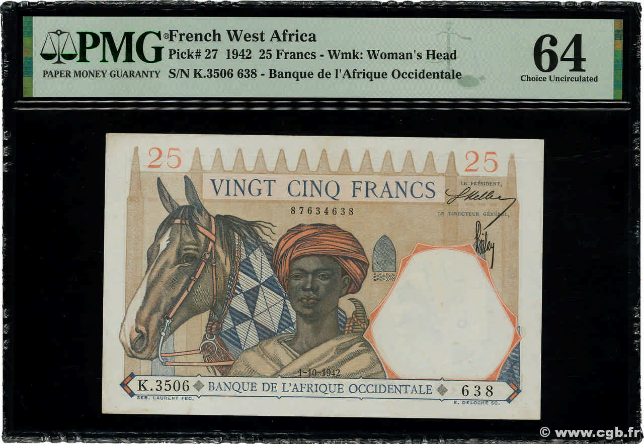 25 Francs FRENCH WEST AFRICA  1942 P.27 q.FDC