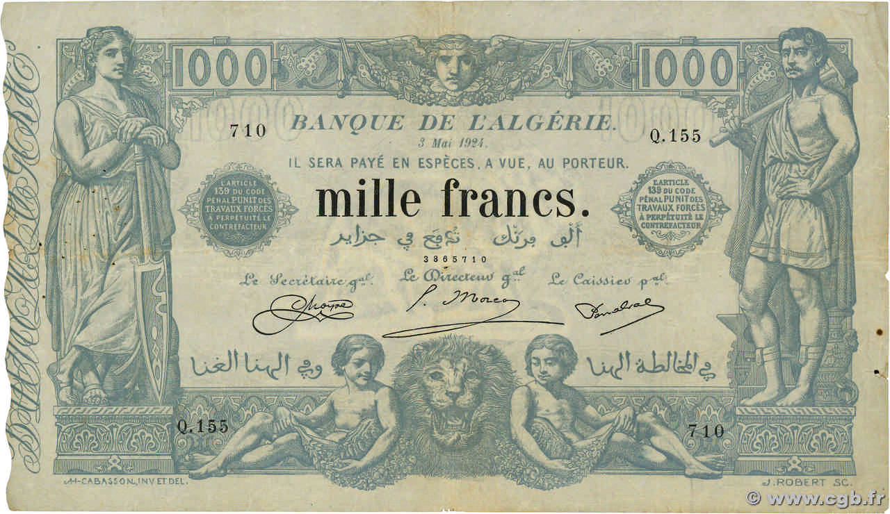 1000 Francs ALGÉRIE  1924 P.076b pr.TTB