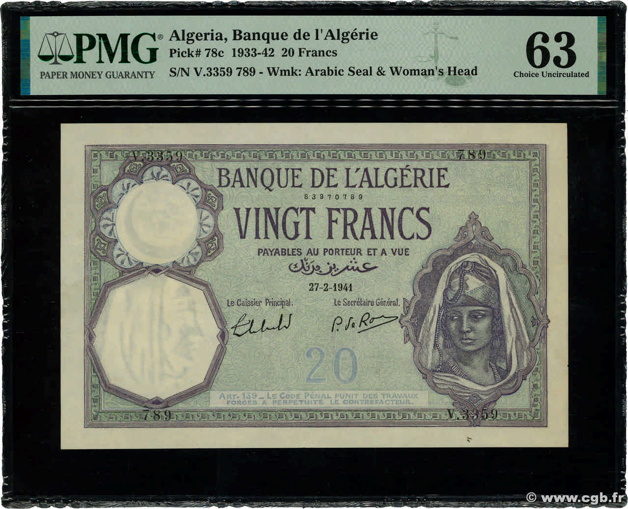20 Francs ALGERIA  1941 P.078c q.FDC