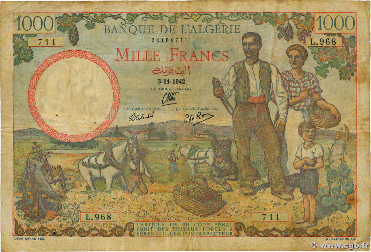 1000 Francs ALGÉRIE  1942 P.086 TB