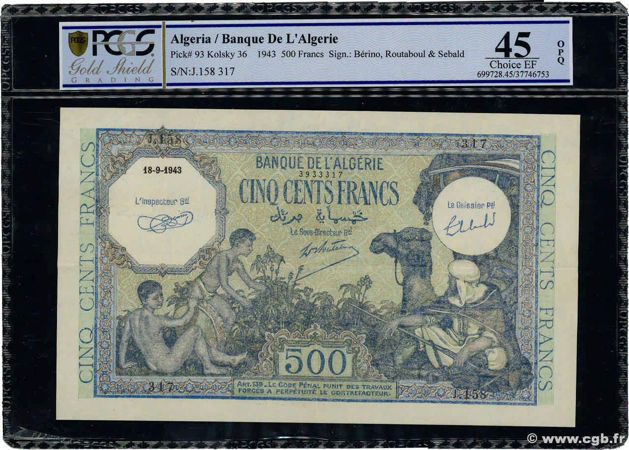 500 Francs ALGÉRIE  1943 P.093 SUP