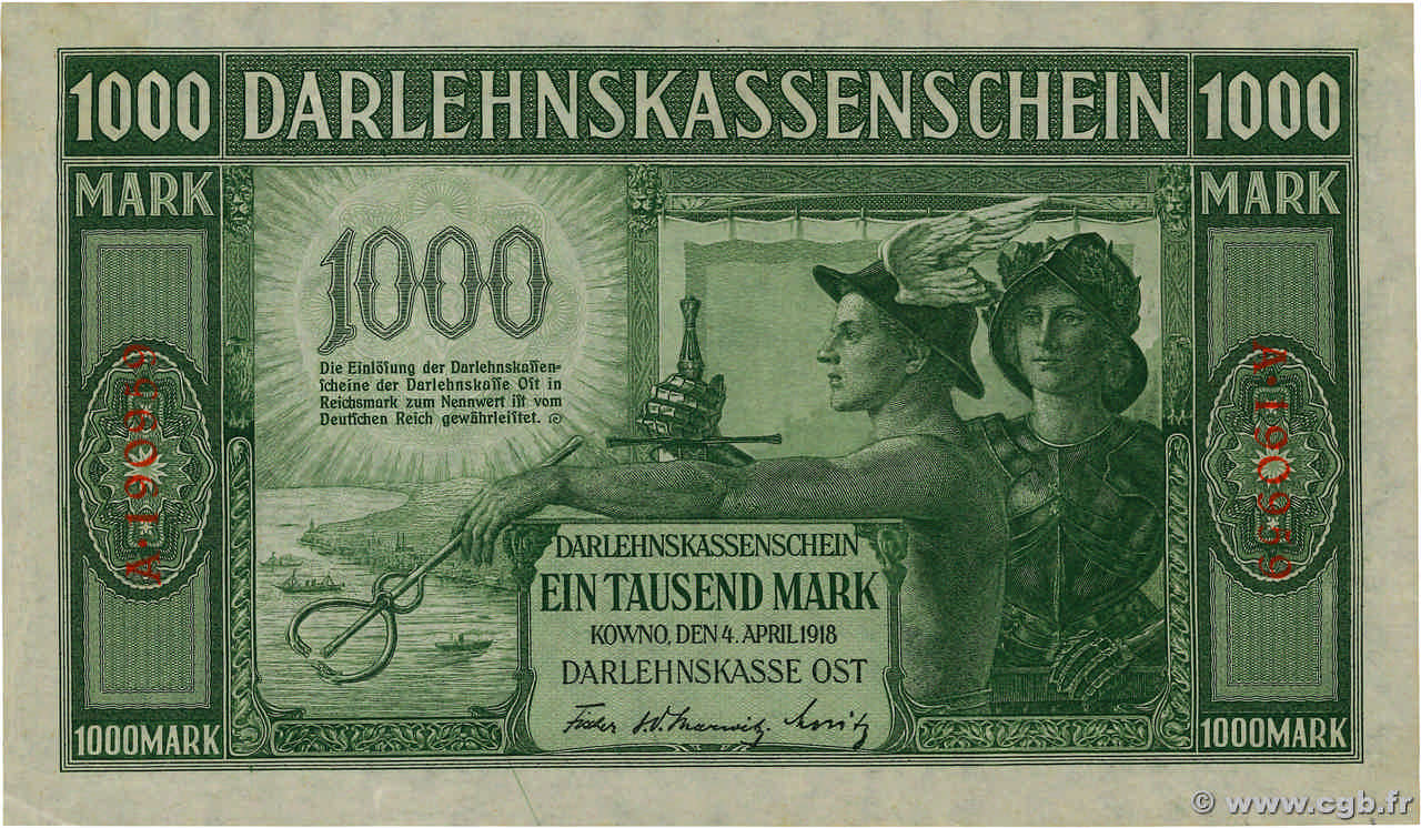 1000 Mark GERMANIA Kowno 1918 P.R134a AU+