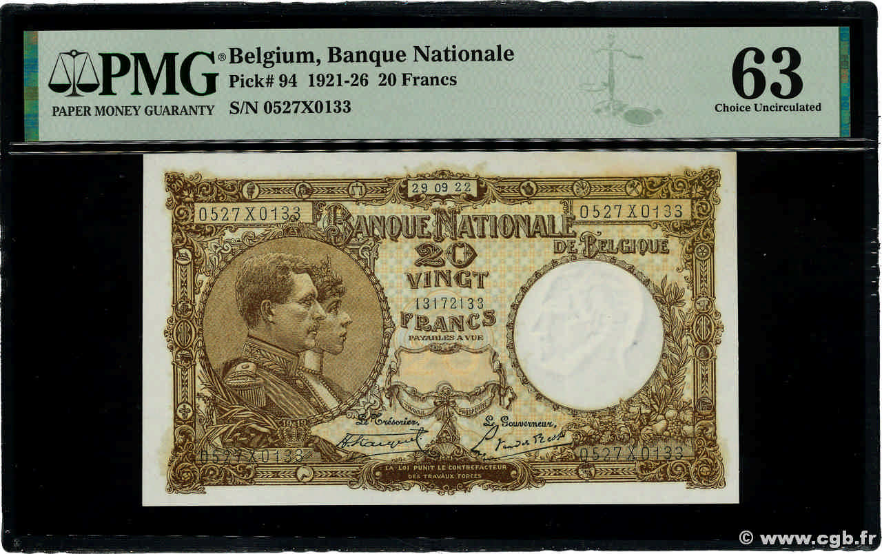 20 Francs BELGIO  1922 P.094 q.FDC