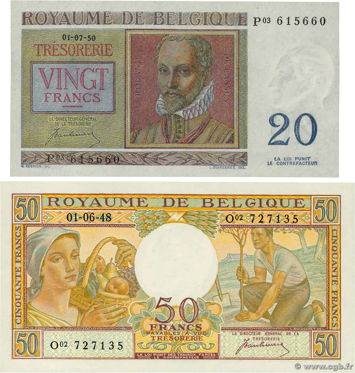 20 et 50 Francs Lot BELGIQUE  1948 P.132a et P.133a NEUF