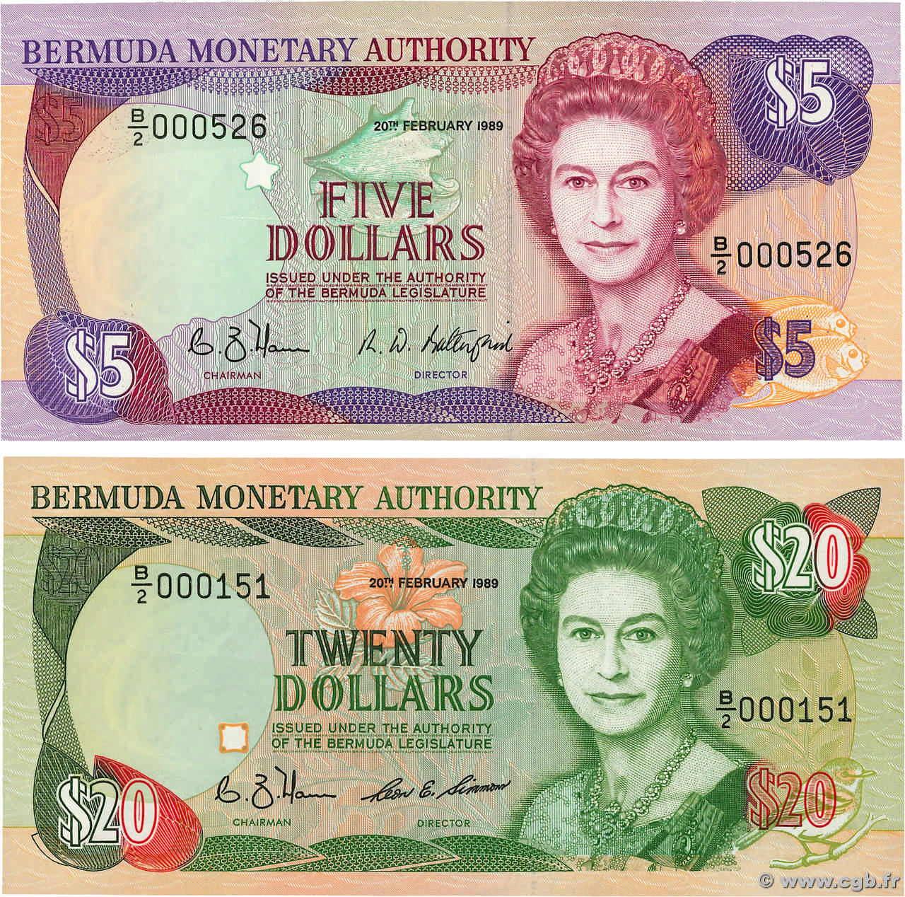 5 et 20 Dollars Petit numéro BERMUDA  1989 P.35b et P.37b UNC