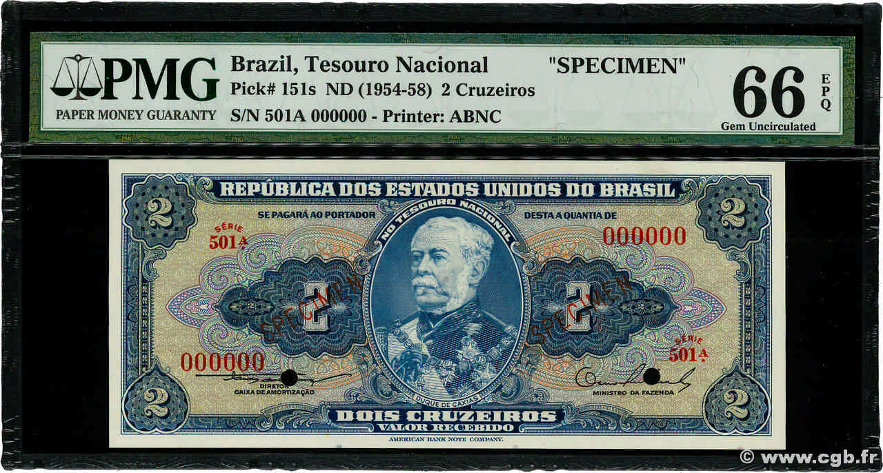 2 Cruzeiros Spécimen BRASIL  1954 P.151as FDC