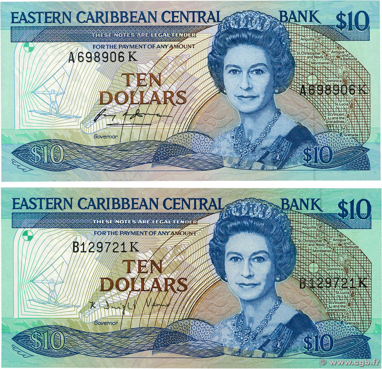 10 Dollars Lot CARIBBEAN   1985 P.23k1 et 2 UNC