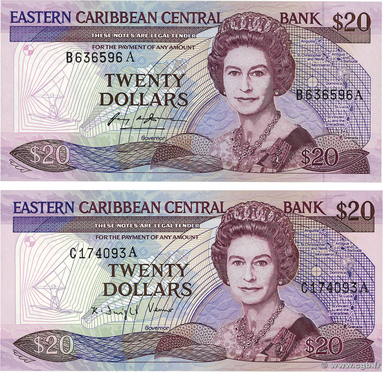 20 Dollars Lot EAST CARIBBEAN STATES  1985 P.24a1 et 2 FDC