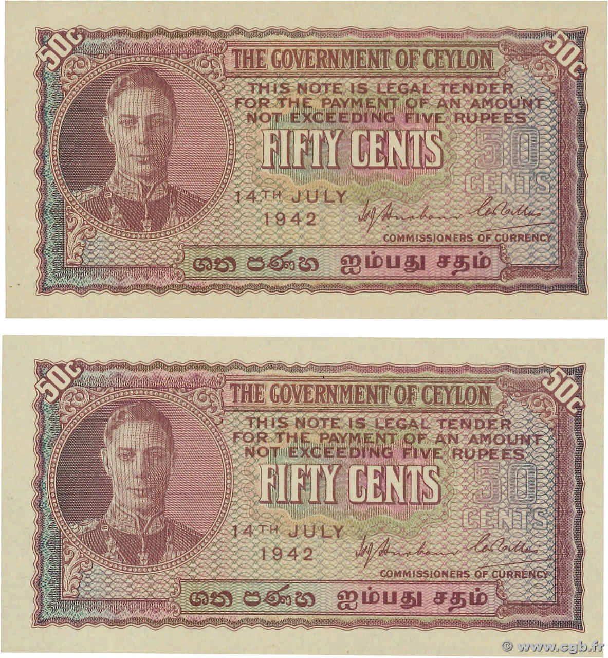 50 Cents Consécutifs CEYLON  1942 P.045a UNC