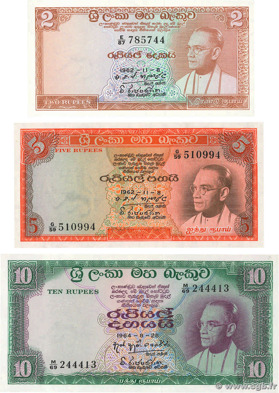 2 au 10 Rupees Lot CEYLON  1964 P.062 au P.064 UNC-