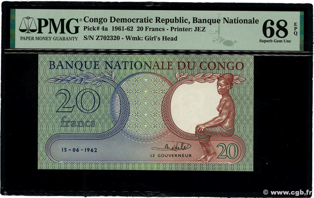 20 Francs REPúBLICA DEMOCRáTICA DEL CONGO  1962 P.004a FDC