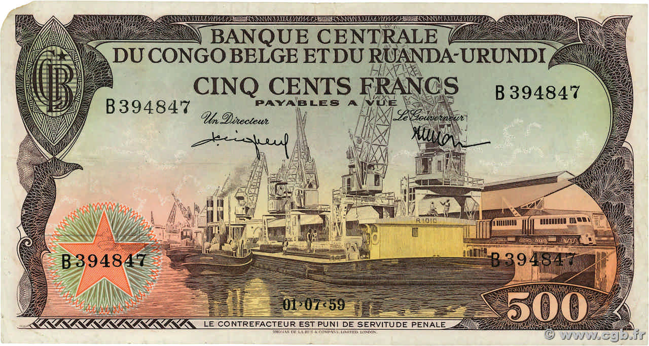 500 Francs BELGIAN CONGO  1957 P.34 VF