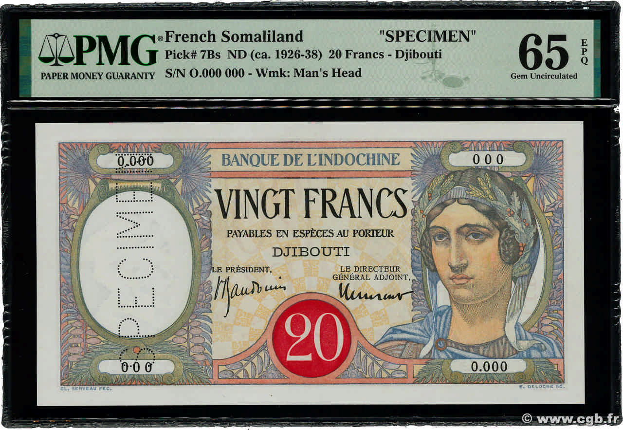 20 Francs Spécimen DJIBOUTI  1941 P.07Bs UNC