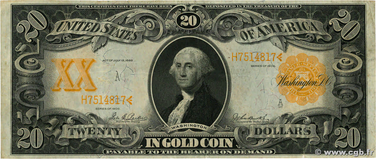 20 Dollars ÉTATS-UNIS D AMÉRIQUE Washington 1906 P.270 TTB+
