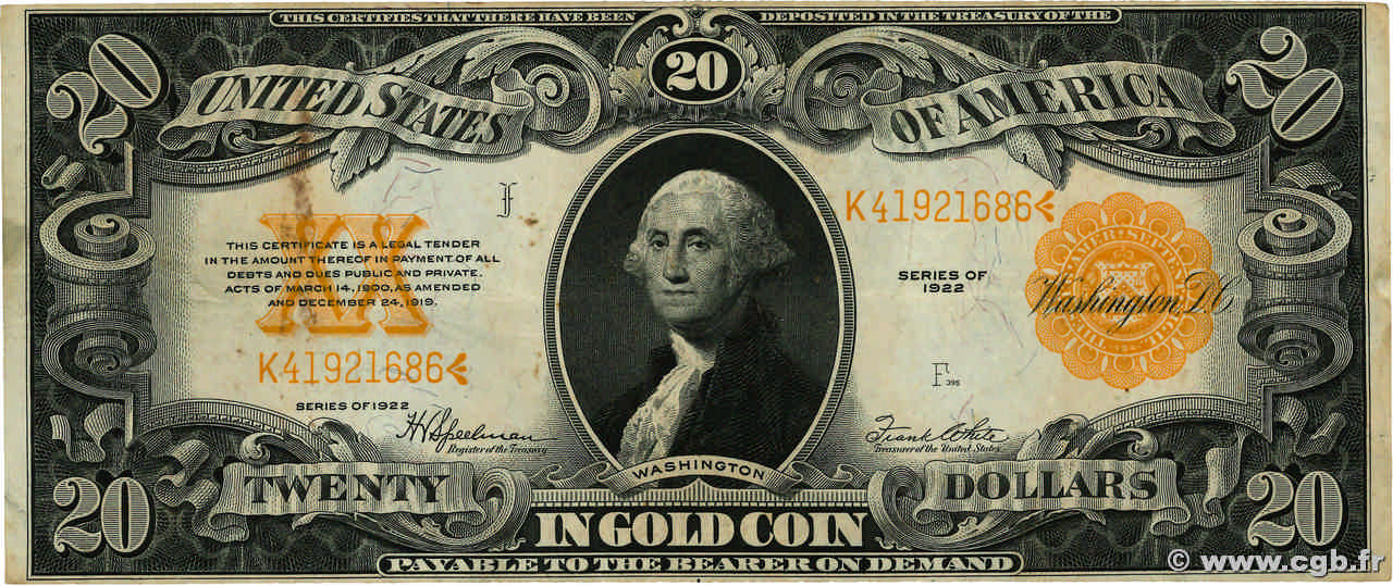 20 Dollars ÉTATS-UNIS D AMÉRIQUE Washington 1922 P.275 TTB