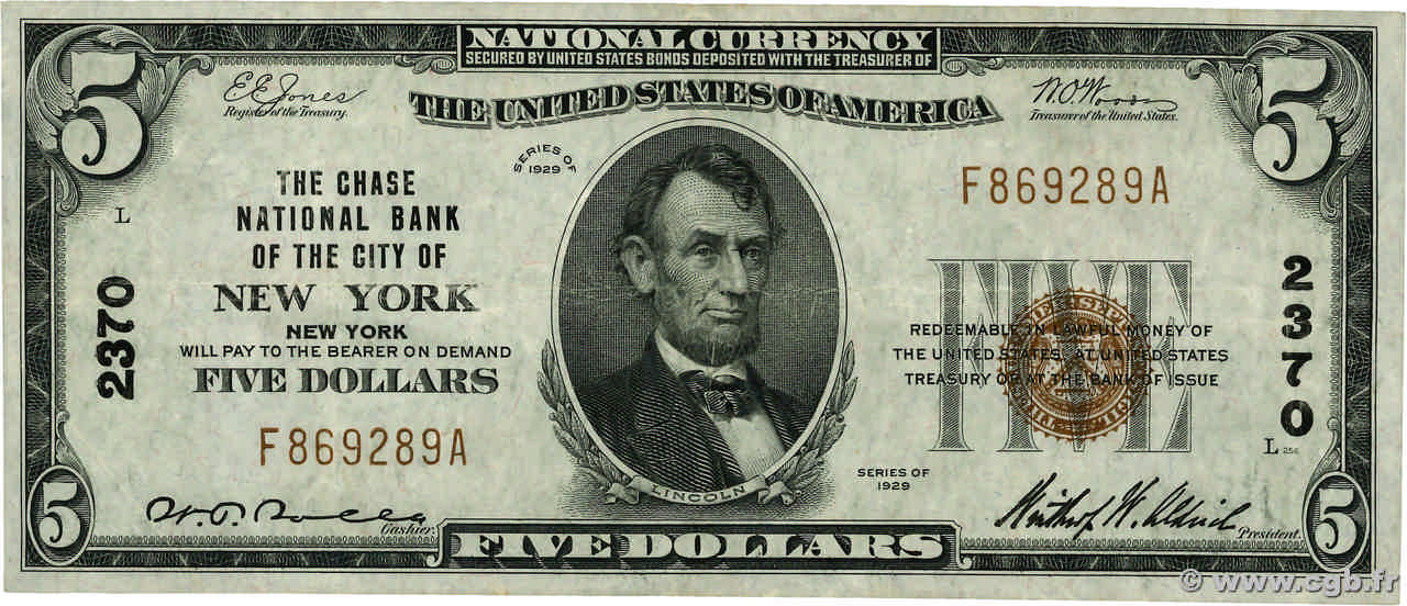 5 Dollars ÉTATS-UNIS D AMÉRIQUE New York 1929 FR.1800 TTB