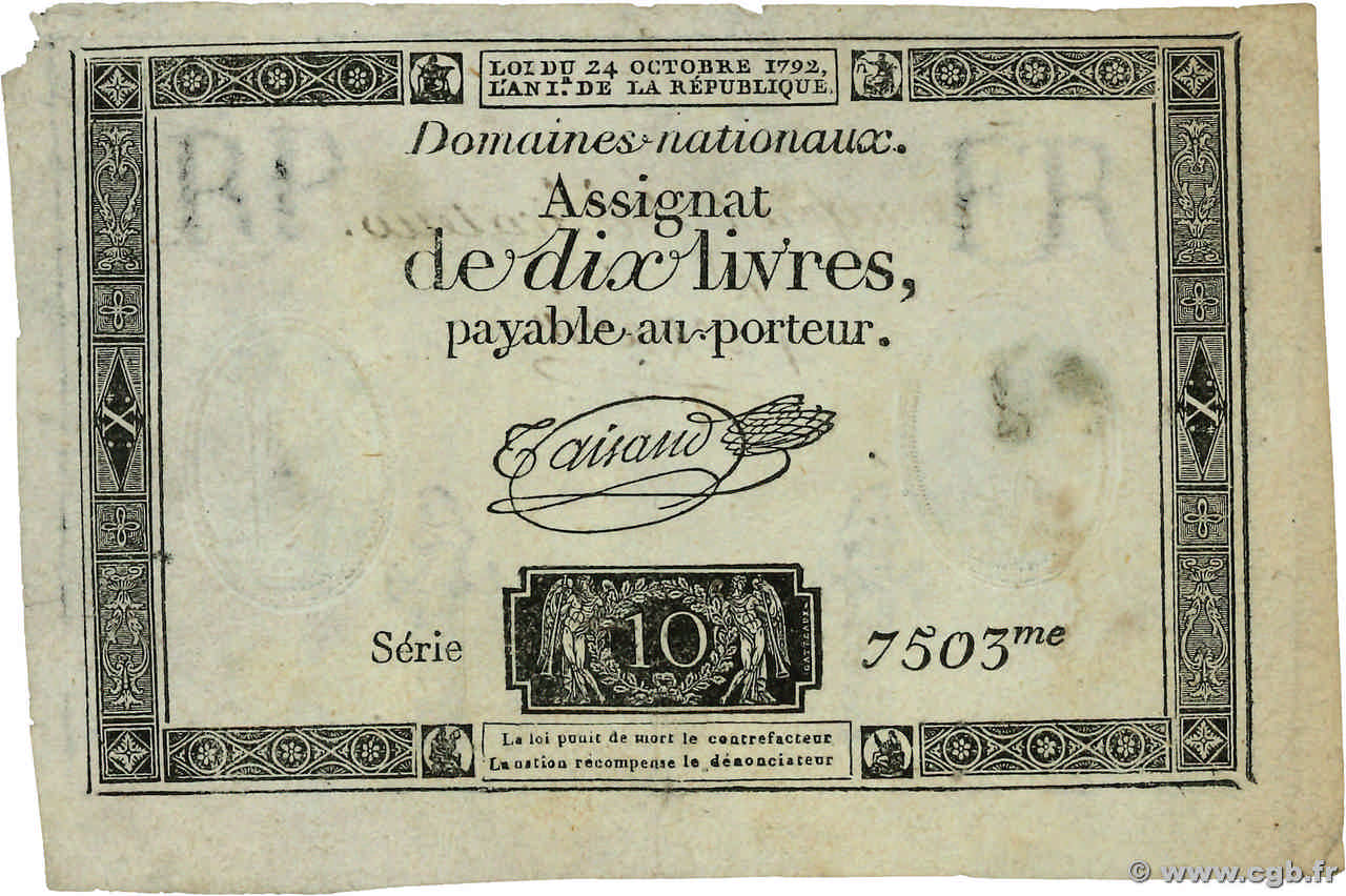 10 Livres filigrane républicain Vérificateur FRANKREICH  1792 Ass.36v S