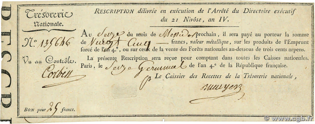 25 Francs Grand numéro FRANCE  1796 Ass.53a VF+
