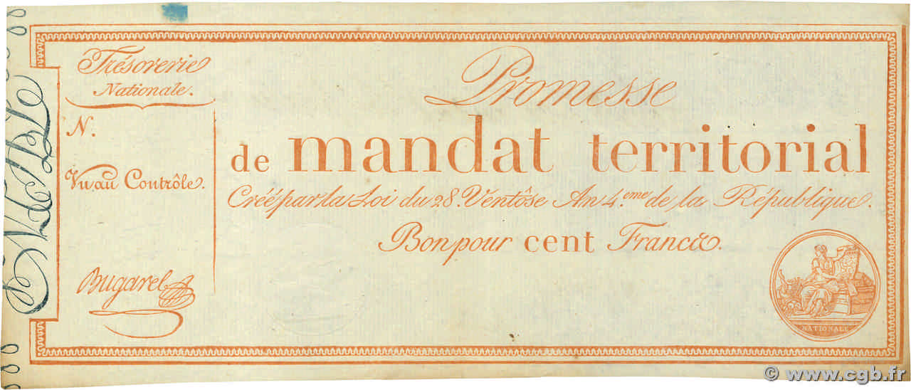 100 Francs sans série Vérificateur FRANCE  1796 Ass.60v SUP+