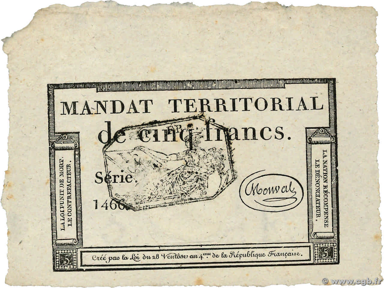 5 Francs Monval cachet noir FRANCE  1796 Ass.63b SPL