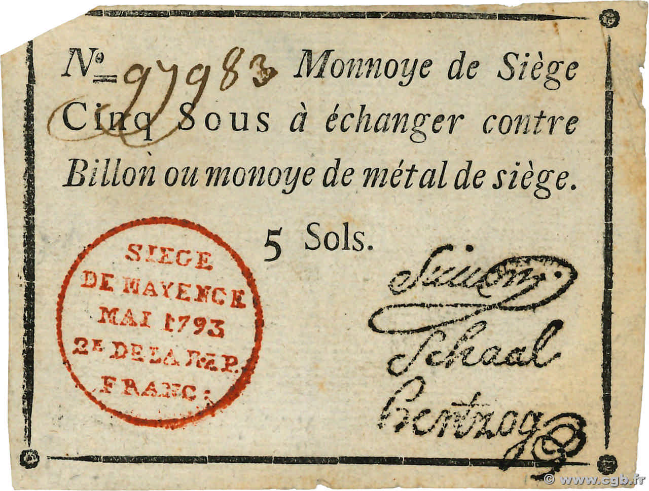 5 Sous FRANCE regionalism and various Mayence 1793 Kol.027 VF+